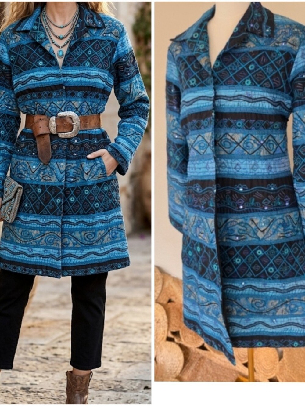 Chico's Artisan Blue Embroidered Patchwork Boho Longline Statement Jacket 1 M